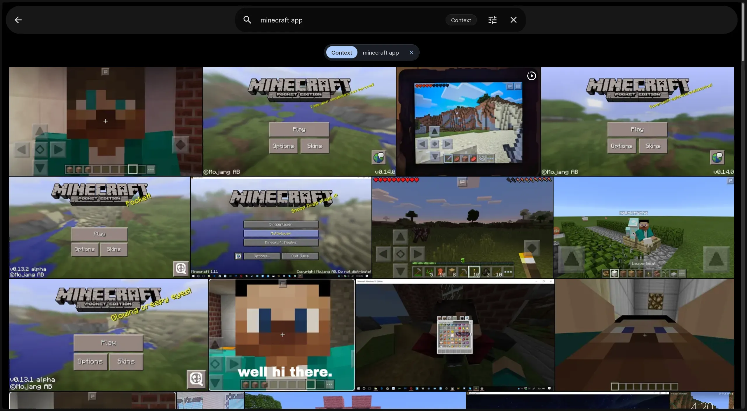 Immich search results showing Minecraft screenshots returning for the query 'Minecraft App'