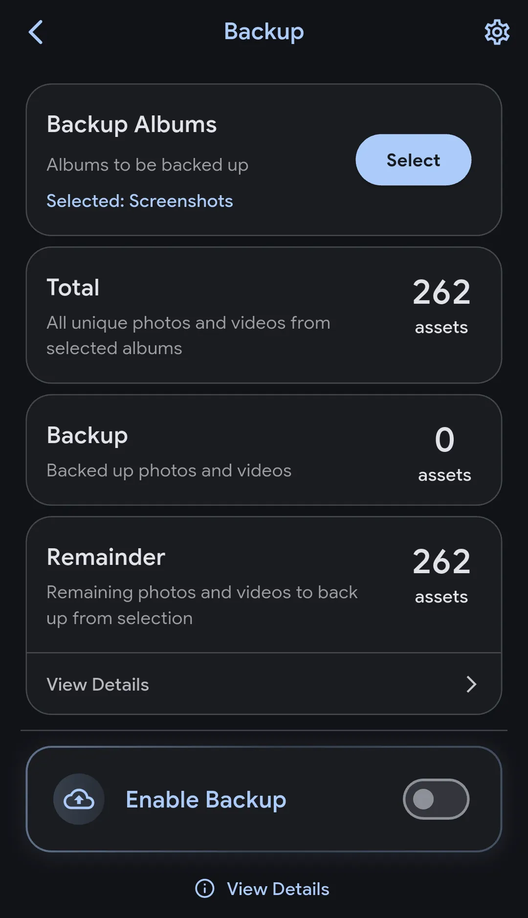Screenshot of Immich mobile app's back up settings.