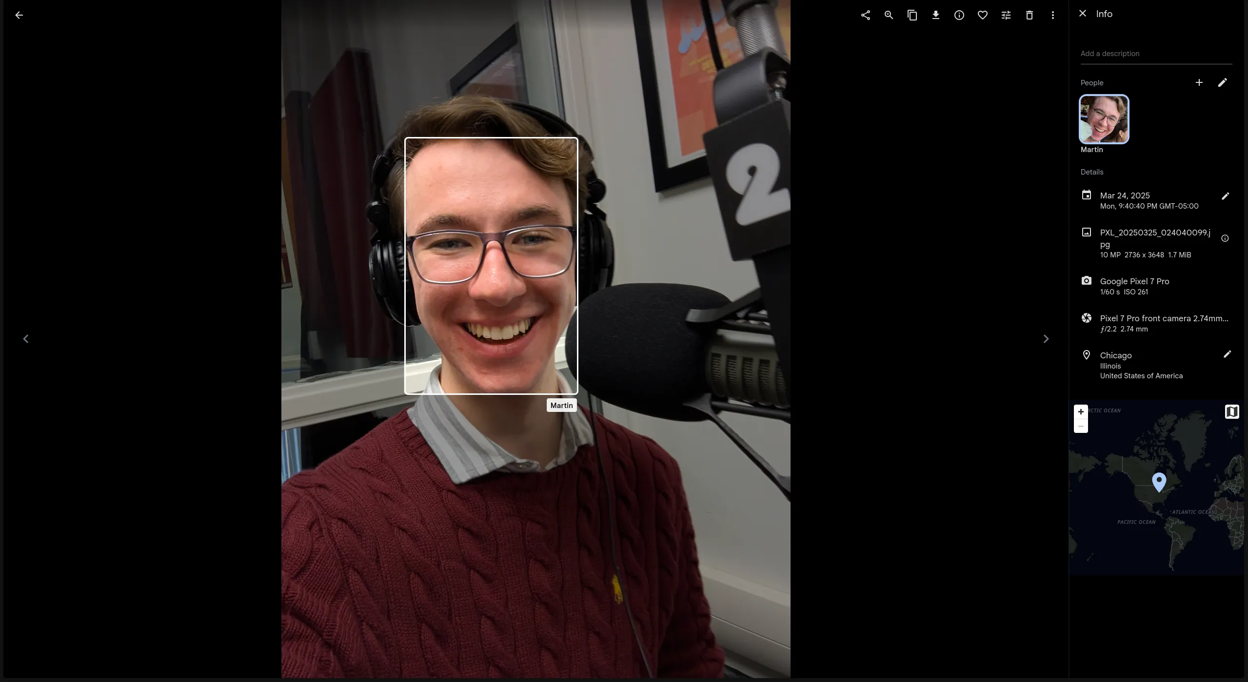 Immich interface showing Martin's face tagged with his name.