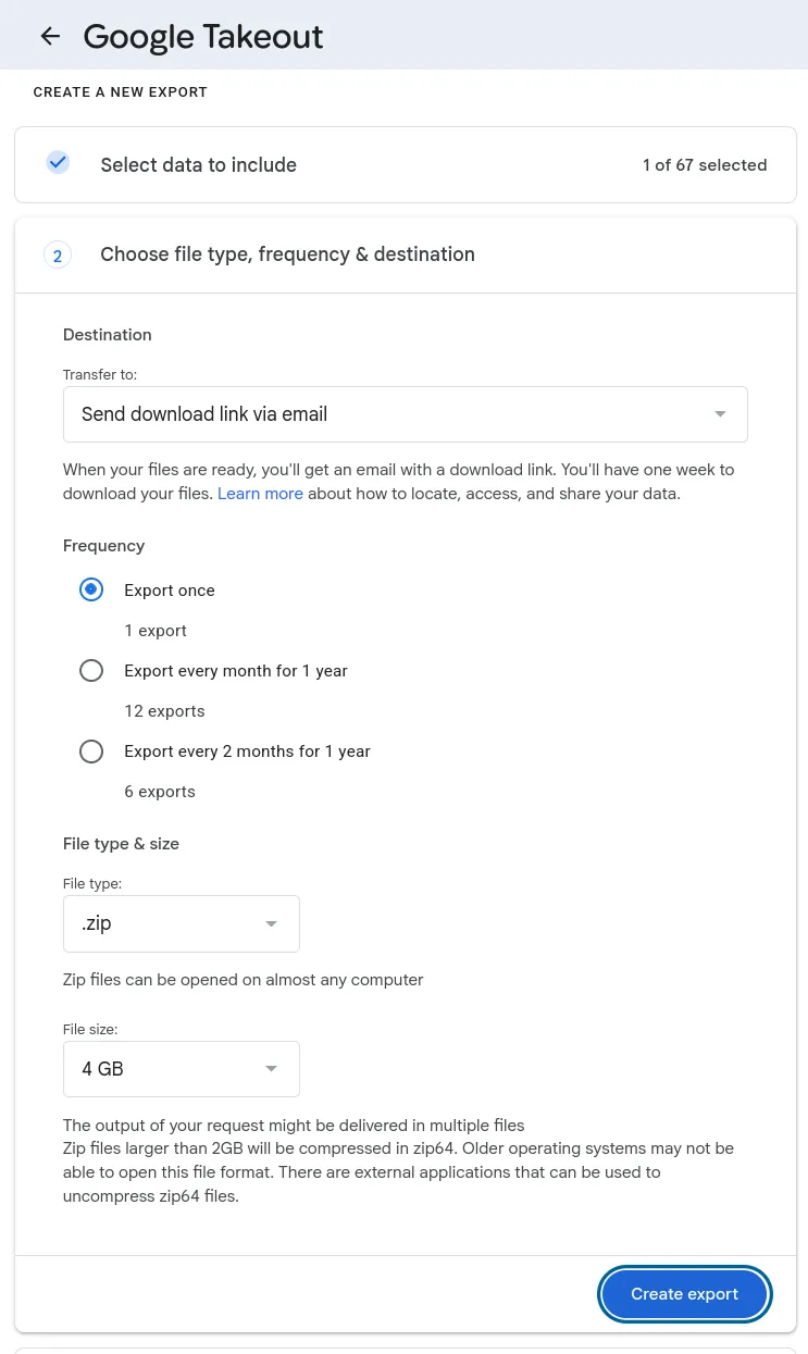 Google Takeout interface settings