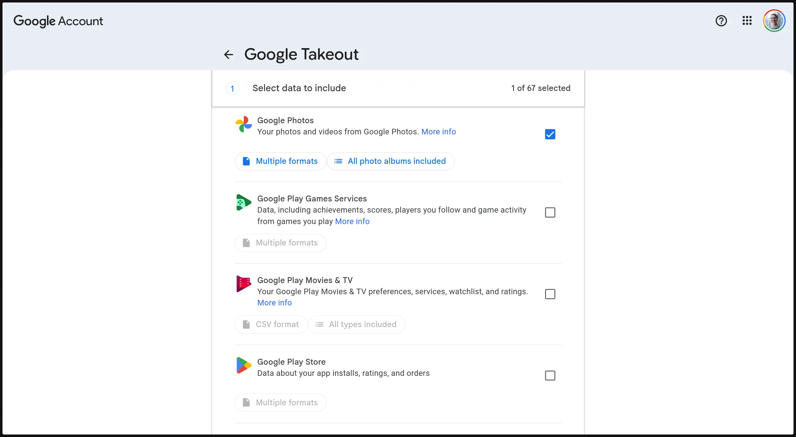 Google Takeout interface with Google Photos selected