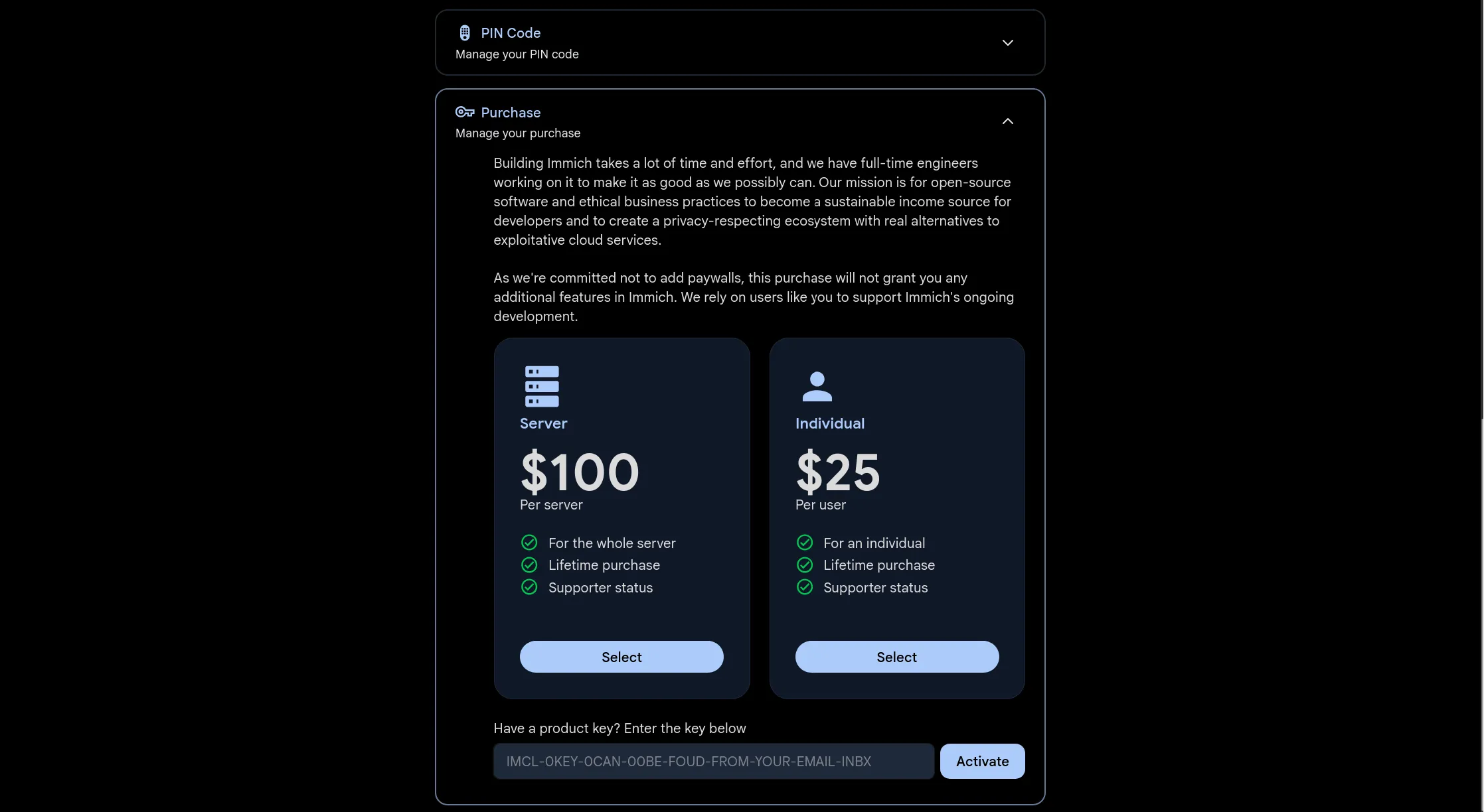 Immich web interface showing license purchase options.
