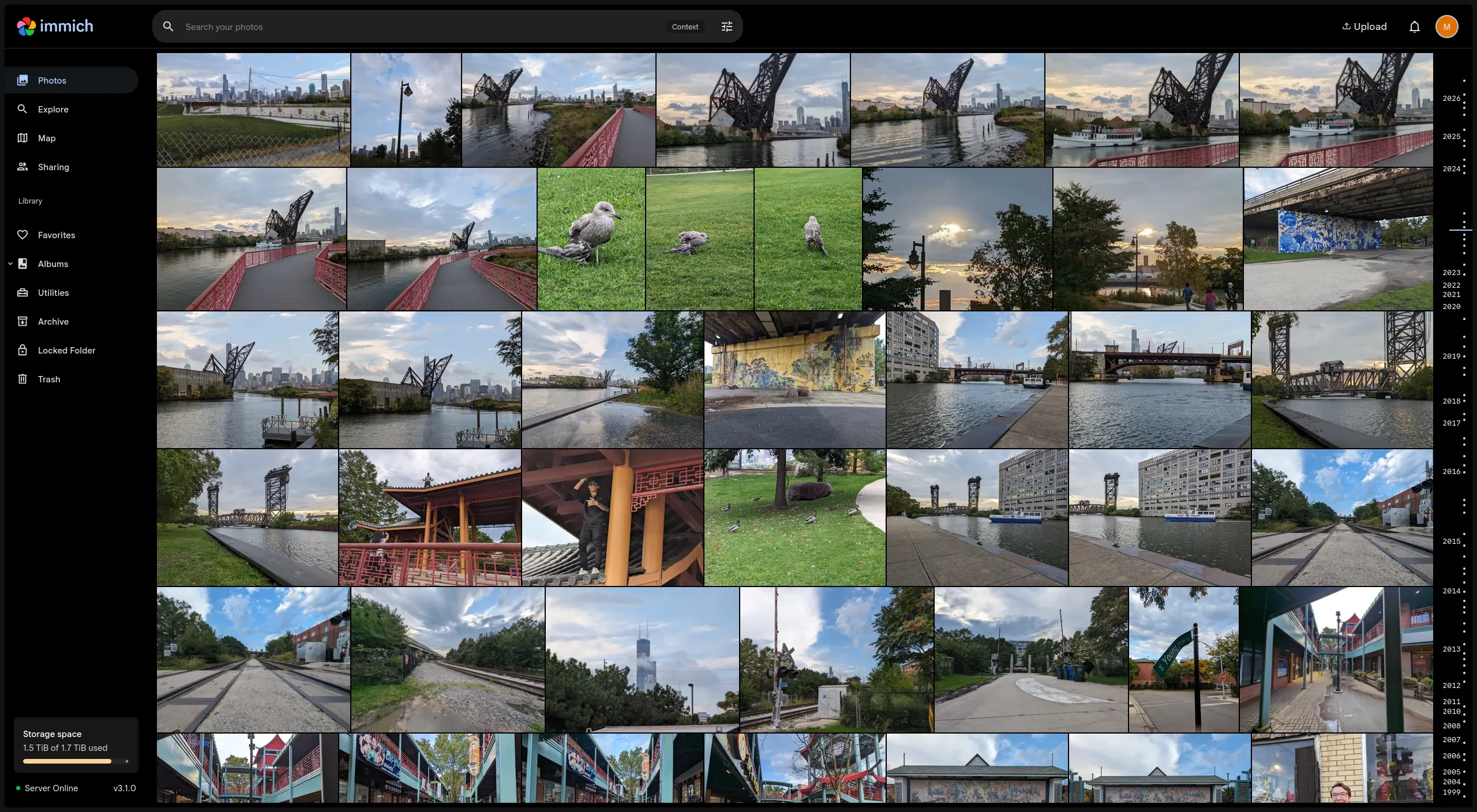 Immich timeline showing photos from Chicago's Chinatown