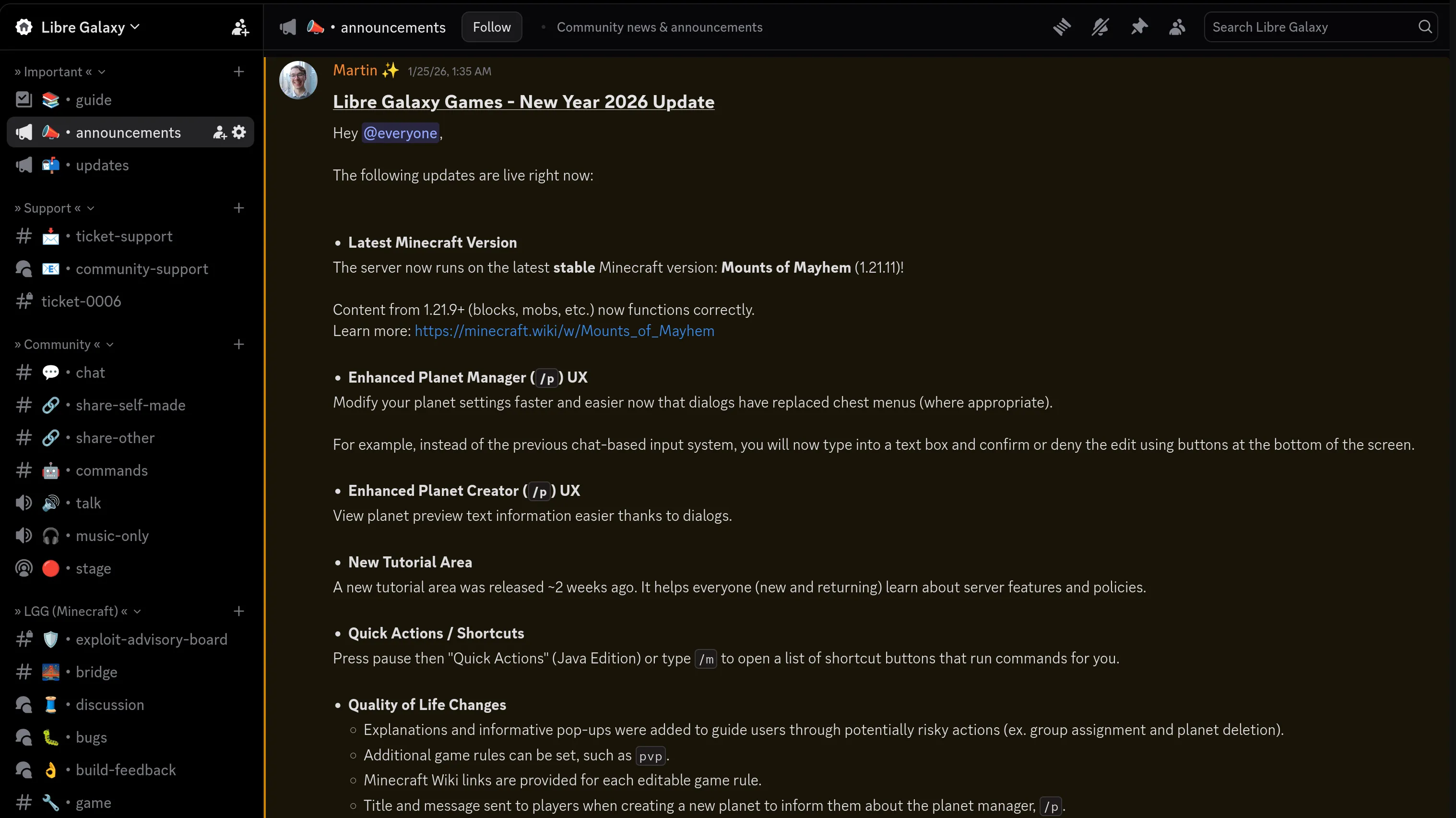 Screenshot of Libre Galaxy Discord server, focused on announcements channel.