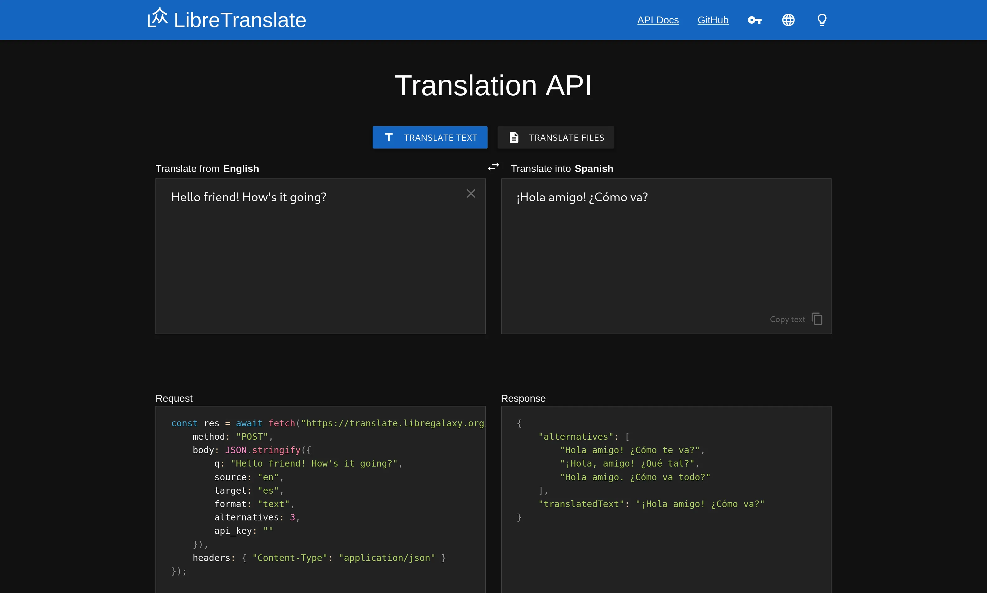 Screenshot of LibreTranslate instance landing page